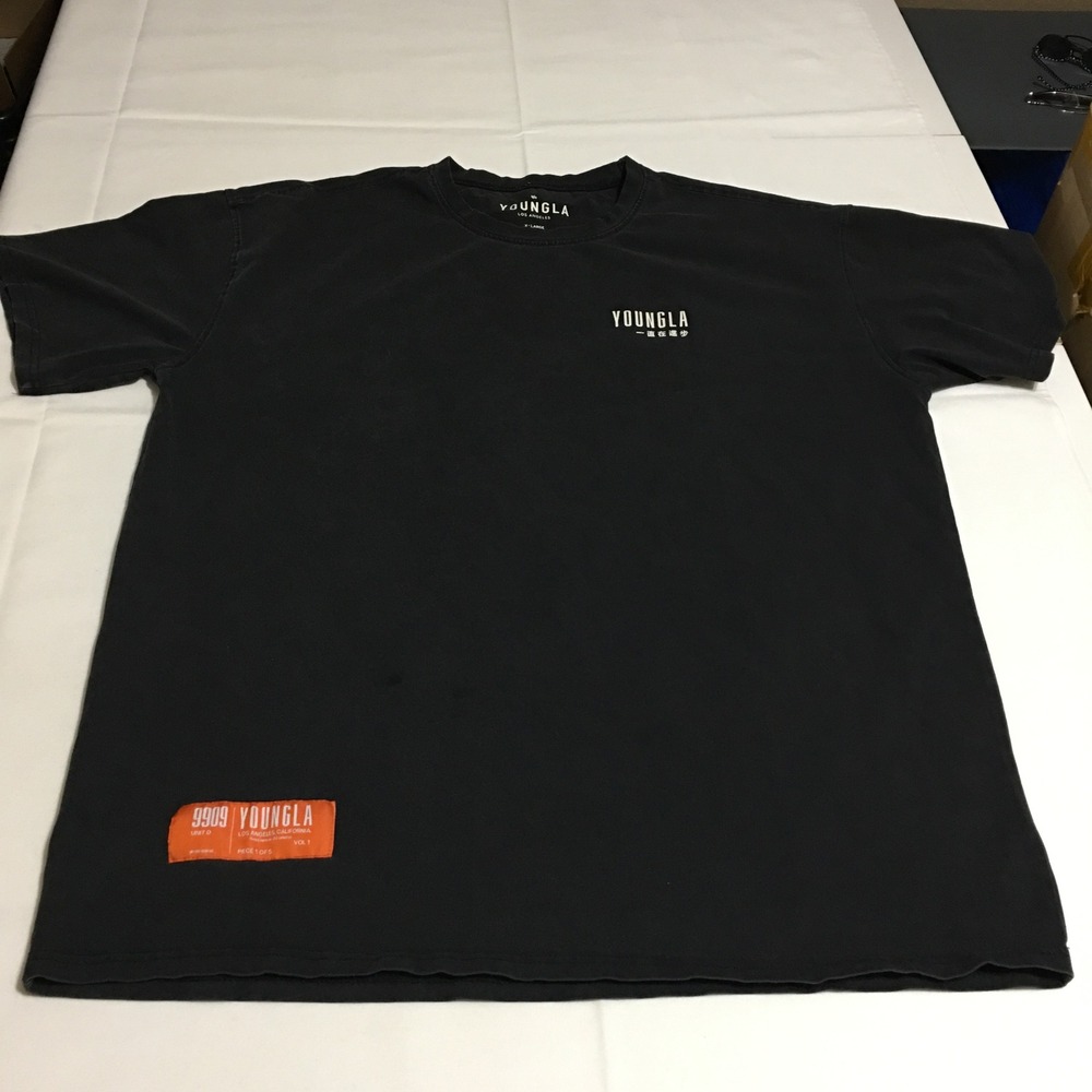 YoungLA Mens XL T-Shirt Black Always Improving Black Graphic Faded